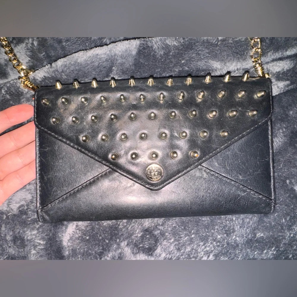 Rebecca Minkoff Black Studded Leather wallet purse with Gold Chain - Picture 3 of 16